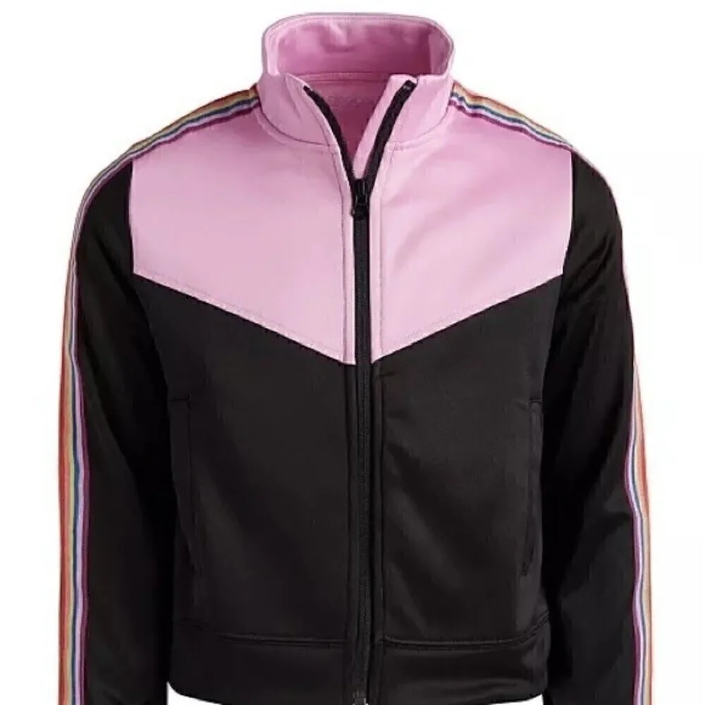 New Ideology Big Girls Rainbow Striped Track Jacket Pink/Black sweater s…